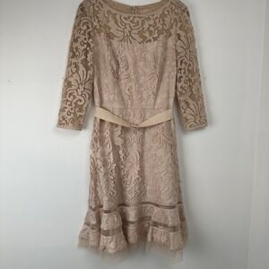 Tadashi Shoji Lace Overlay Women's Dress Size 6 Champagne Embroidered